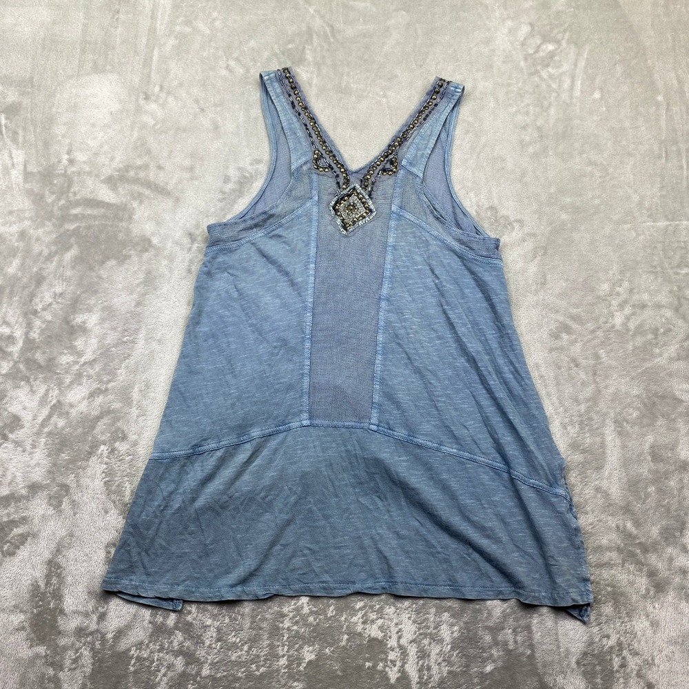Free People Blue Beaded Embellished Mesh Sharkbite Tank Top XS Slub Knit Boho - Picture 3 of 7